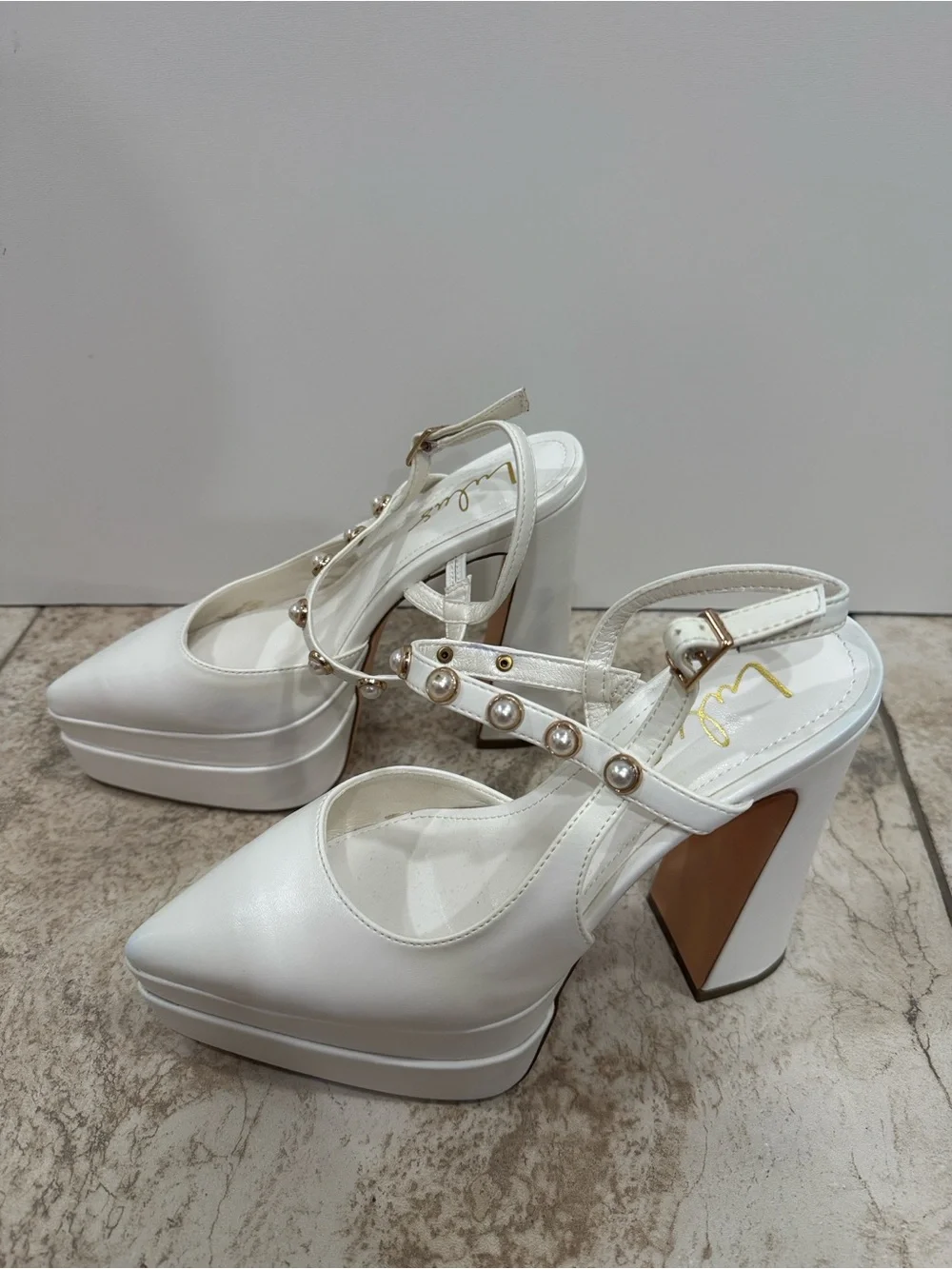 Lulu’s Dayla White Pearl Double Platform Ankle Strap Pumps